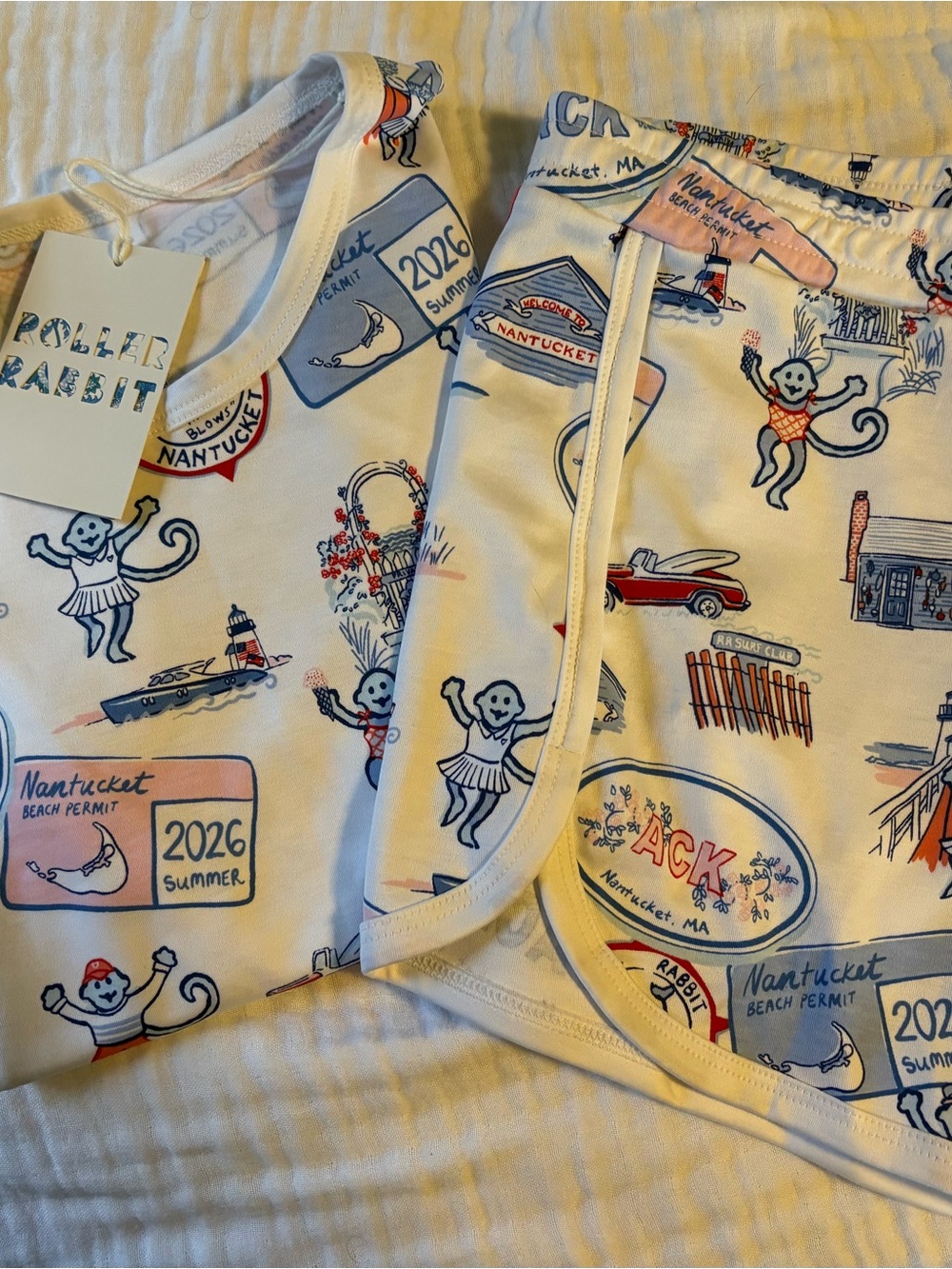 Roller Rabbit Kids Pajama Set Cream with Blue and Red Nantucket Print